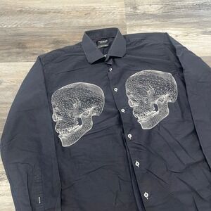 Maceoo Black Italian Mens XL Button Up Fibonacci Digital Skull Cyber‎ Y2k Shirt